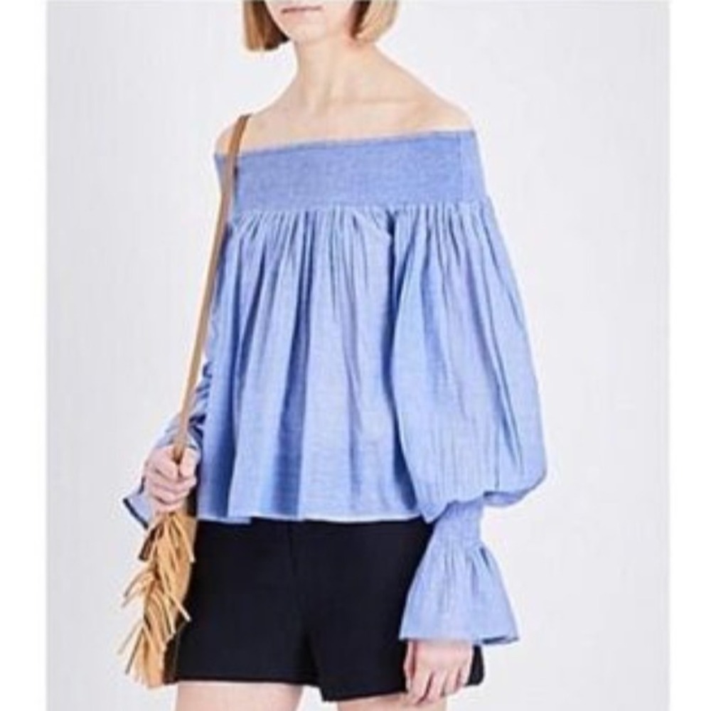Maje Off the Shoulders Women Blouse Size 2 Chambray Denim Lightweight Casual